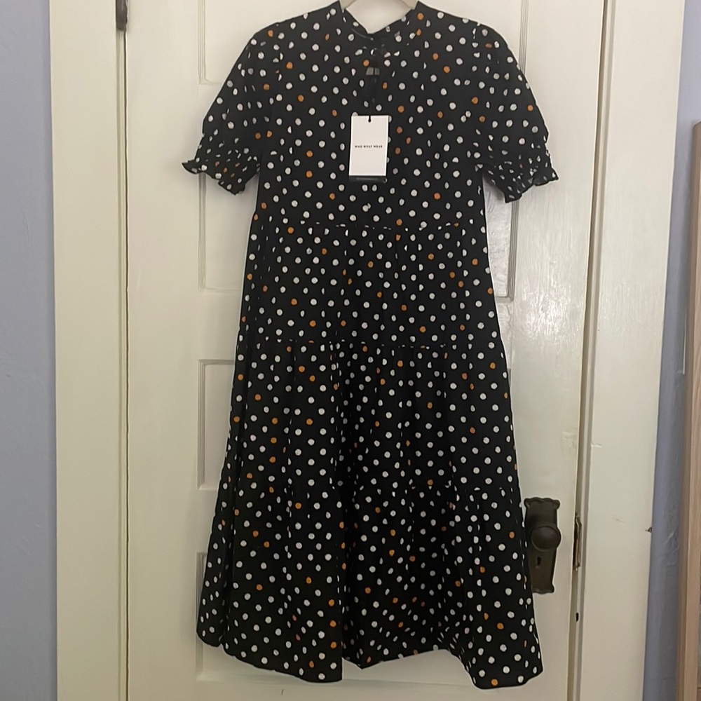 NWT Black tiered polka dot dress w puff sleeve